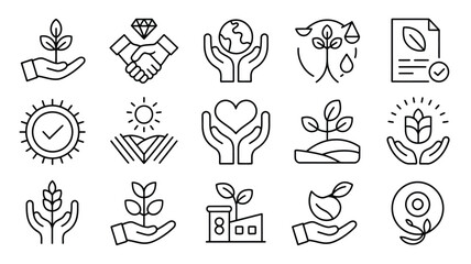 Collection of sixteen black line art icons depicting environmental sustainability concepts including hands holding plants earth heart sprout