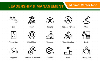 Leadership Line Icons. Modern Thin-Line Vector Illustrations for Management: Authority, Delegation, Strategy, Responsibility, and More.