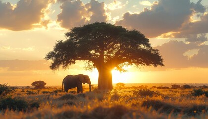 Old Elephant Resting Under Baobab Tree
