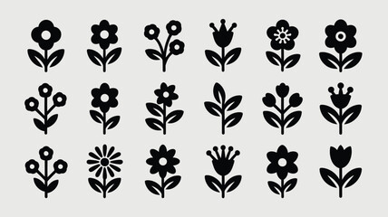 Collection of Sixteen Black Silhouette Flower Icons Simple Floral Designs Botanical Elements Flat Style Vector Graphics for Spring Summer