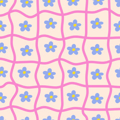 Seamless pattern of thin curved checkered lines and daisy flowers on a beige background. Blue, pink and beige colors. Twisted checkered wavy texture. Vector illustration	