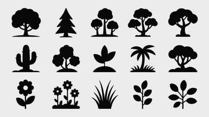 Collection of Sixteen Black Silhouette Icons Depicting Various Plants Trees Flowers and Grass Against a Light Gray Background Simple Flat