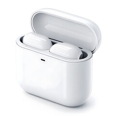 A close up shot of white wireless earbuds inside their charging case with the lid open on white background