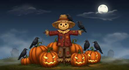 Cartoon Scarecrow Halloween Night Scene with Pumpkins and Crows