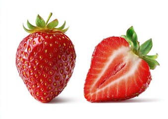 Two fresh strawberries, one whole and one halved, against a white background