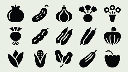 Collection of Sixteen Black Silhouettes of Various Vegetables and Flowers on a Light Gray Background Including Pomegranate Cucumber Garlic