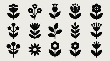 Collection of sixteen black stylized floral icons on a light gray background simple minimalist botanical vector graphics flower symbols