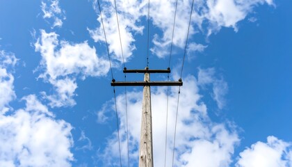 View of a pole and wires against a bright sky with clouds
