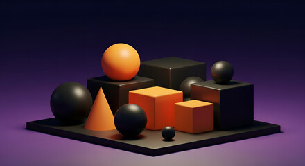 Modern Halloween 3D Geometric Shapes in Orange and Black on Purple Abstract Background