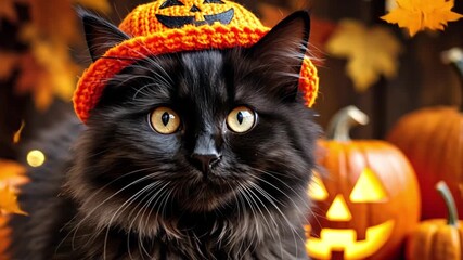 Adorable black kitten wearing a knitted pumpkin hat sits near illuminated jack-o'-lanterns and autumn leaves, creating a festive Halloween scene - Powered by Adobe