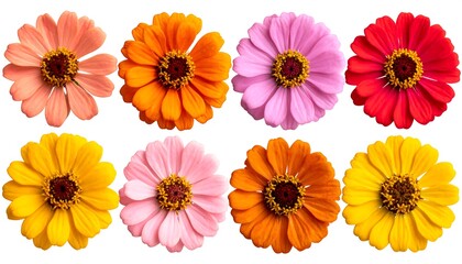 Colorful zinnia flowers, various hues