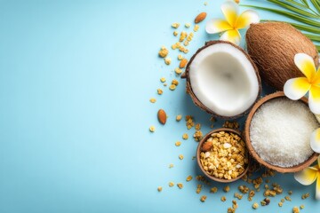 Granola and coconut shaves with yellow flower on blue surface