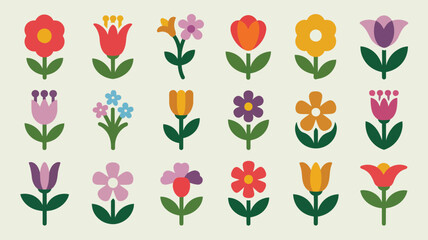 Collection of Twenty Retro Style Flat Flower Illustrations Featuring Tulips Daisies and Other Blossoms in Vibrant Colors on a Light Beige
