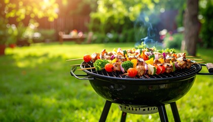 Backyard BBQ with colorful skewers