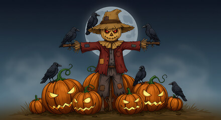 Eerie Halloween illustration featuring a haunted cartoon scarecrow, spooky pumpkins, and black crows under a bright full moon.