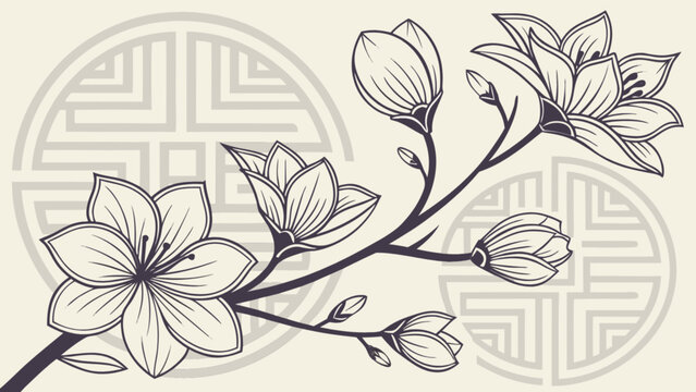 Elegant magnolia flower branch vector art with traditional korean pattern background design illustration