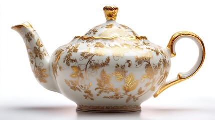 Delicate white porcelain teapot adorned with gold floral designs, spout, handle, and lid details, set against a white backdrop