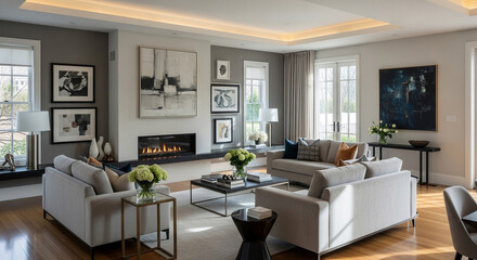 A beautifully designed modern living room with elegant furniture, a linear fireplace, and curated artwork for a luxurious lifestyle.