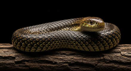 Fototapeta premium A detailed close-up of a wild snake coiled on a wooden log, showcasing its intricate scales. A captivating reptile portrait on a black background.