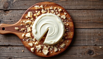 top angle photo of cream cheese on a wooden cutting board with crumbs and rustic texture