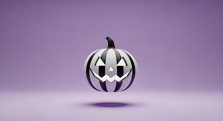 Black and White Striped Jack O Lantern Pumpkin Floating on Purple Halloween Background