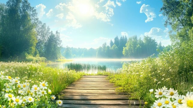 Beautiful summer landscape with lake and old wooden dock in forest on sunny day, bright blue sky with sun rays. Scandinavian nature background - Powered by Adobe