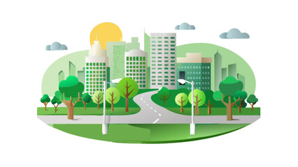 Green city landscape illustration with buildings trees road and sun for urban planning and environmental design
