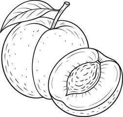 Whole and halved nectarine with leaf and stem fruit