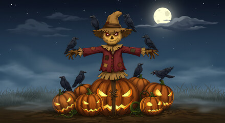 Spooky Cartoon Scarecrow Amidst Jack-o'-Lanterns and Crows at Night