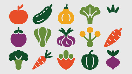 Colorful Flat Vegetable Icons Collection Red Tomato Green Cucumber Yellow Squash Broccoli Turnip Purple Eggplant Bok Choy Onion Carrot Radish