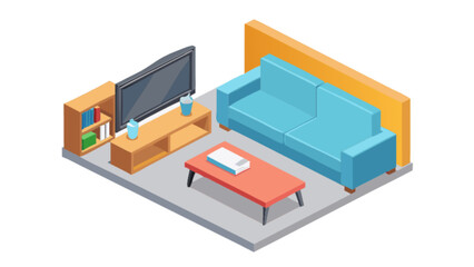 Isometric living room design with blue sofa, tv, bookshelf, and coffee table for interior decoration ideas