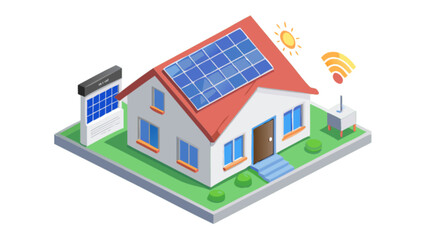 Isometric house with solar panel installation for renewable energy and smart home technology concept