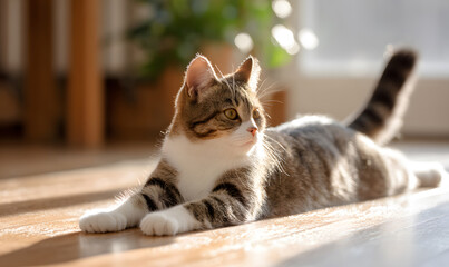 Adorable cat stretching and yawning in soft natural light cozy indoor peaceful moment relaxed pet lifestyle. generative ai