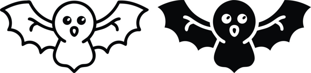 Surprised Bat Icons Vector – Black and White Halloween Flying Ghost Character