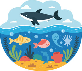 Obraz premium Marine life in an aquatic ecosystem. A shark swims above, while various fish and other creatures populate the underwater scene Transparent png vector 