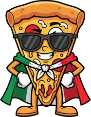 Fototapeta premium Slice of pizza. The pizza slice is wearing sunglasses and a superhero cape. Transparent png vector 