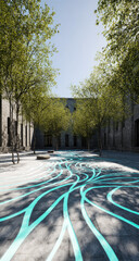 Urban courtyard with turquoise pathways