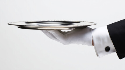 A gloved hand holding a silver tray against a white background in a formal serving presentation