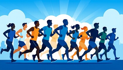 Diverse group marathon runners pursuing fitness together under a bright sky with cityscape backdrop