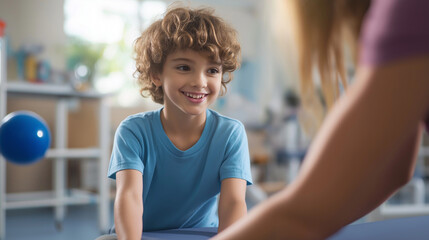 Smiling boy in therapy session with therapist