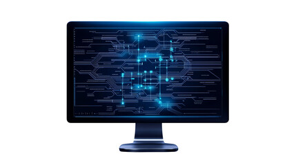 Computer monitor displays complex digital schematic, isolated on transparent background