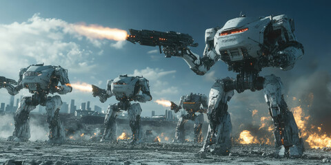 Concept of futuristic battle between transformer robots using advanced future weapons, with flying robots in the background, dynamic science fiction scene , copy space