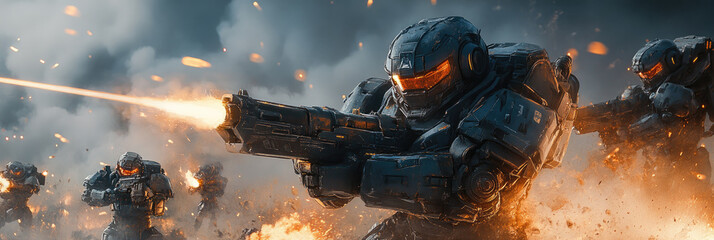 Concept of futuristic battle between transformer robots using advanced future weapons, with flying robots in the background, dynamic science fiction scene, copy space