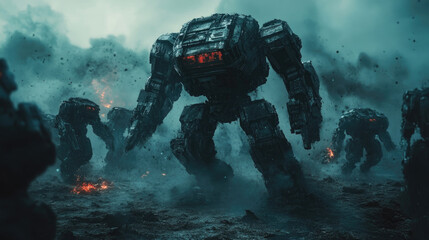 Concept of futuristic battle between transformer robots using advanced future weapons, dynamic science fiction scene , copy space