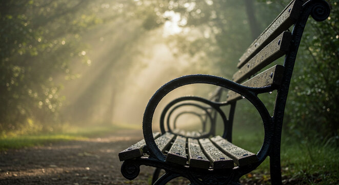 A classic park bench, dotted with morning dew, extends invitingly into a misty forest path illuminated by soft, golden light
