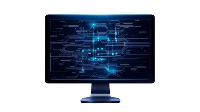 Computer monitor displays complex digital schematic, isolated on transparent background - Powered by Adobe