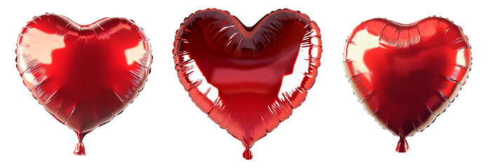A glossy red heart-shaped foil balloon isolated on white transparent background, symbolizing love, romance and celebration of Valentine Day
