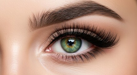 Stunning Close-Up of a Female Green Eye with Voluminous Eyelashes and Perfectly Defined Eyebrow Showcasing Beauty, Precision, and Elegant Cosmetic Artistry