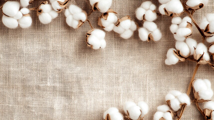 Fluffy cotton blooms on beige fabric background natural texture design element