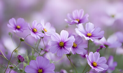 Elegant pink and white cosmos flowers blooming gracefully in soft natural light serene autumn garden close-up floral beauty. generative ai